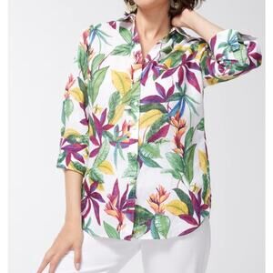 Chico's Womens Plus Size 18 Button-Up Shirt 100% Linen 3/4 Sleeve Tropical Print